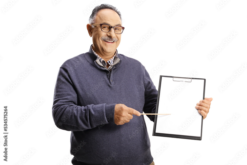 Casual mature man smiling and presenting a document with a clipboard Casual mature man smiling and presenting a document with a clipboard