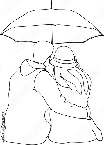 Continuous one line drawing back view lovers couple in rain. Couple in love walking under rain with umbrella. Happy man and woman are walking along city street. Single line draw design vector graphic