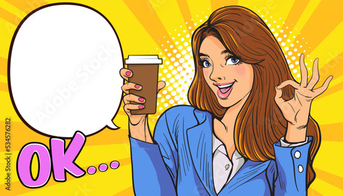 surprised Beautiful young woman show drink beverage coffee 23