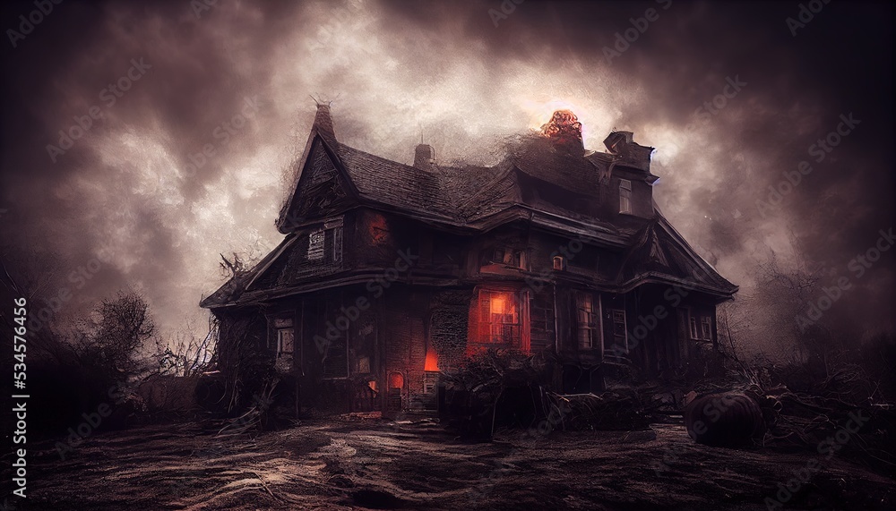Scary house, halloween eve. Homes at night, dark clouds, terror. AI Generated image. Scary house, halloween eve. Homes at night, dark clouds, terror. AI Generated image.