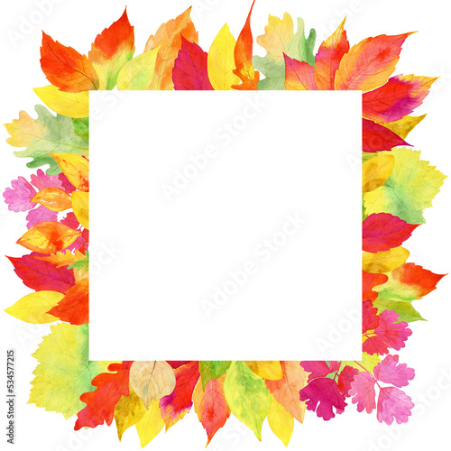 Watercolor  fall  square frame of colorful leaves  isolated on transparent background