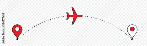Airplane line path. Air plane flight route with start point and dash line trace. Vector concept illustration.
