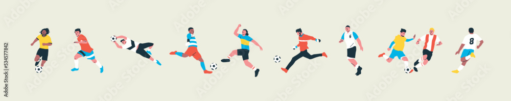 Set of diverse soccer player men athlete team figures. Colorful retro style football game male players illustration collection. Includes foot ball kick pose, goalkeeper catch on isolated background.