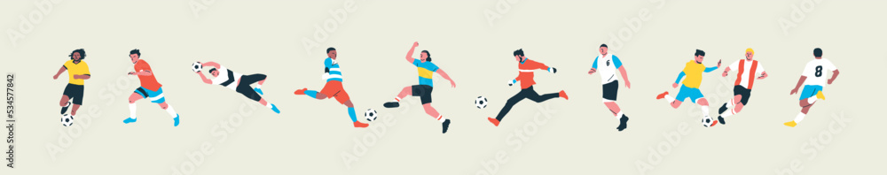 Set of diverse soccer player men athlete team figures. Colorful retro style football game male players illustration collection. Includes foot ball kick pose, goalkeeper catch on isolated background. Set of diverse soccer player men athlete team figures. Colorful retro style football game male players illustration collection. Includes foot ball kick pose, goalkeeper catch on isolated background.
