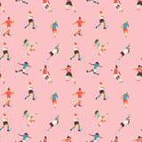 Diverse all women soccer player  team drawing seamless pattern. Colorful retro style female athlete playing football game. Woman competition print, sport background illustration. 