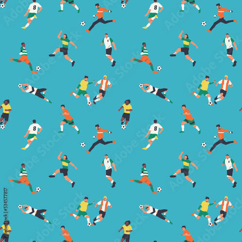 Diverse soccer player men athlete team seamless pattern. Colorful retro style football game male players print illustration. Includes foot ball kick pose, goalkeeper catch background.