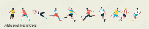 Set of diverse soccer player men athlete team figures. Colorful retro style football game male players illustration collection. Includes foot ball kick pose, goalkeeper catch on isolated background.
