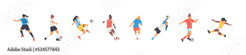 Diverse all women soccer player  team people set. Colorful retro style female athlete playing football game on isolated background. Woman tournament match collection, sport illustration. 