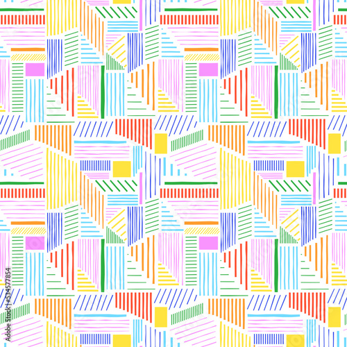 Fun colorful line doodle seamless pattern. Creative minimalist style art background for children or trendy design with geometric shapes. Simple childish scribble backdrop.