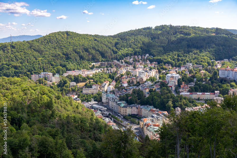 Karlovy Vary, Czech Republic - August 7, 2022: View of the city of Karlovy Vary from the Diana Watchtower, a lookout tower in the spa town of Karlovy Vary.