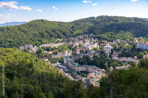 Tableau sur toile Karlovy Vary, Czech Republic - August 7, 2022: View of the city of Karlovy Vary from the Diana Watchtower, a lookout tower in the spa town of Karlovy Vary