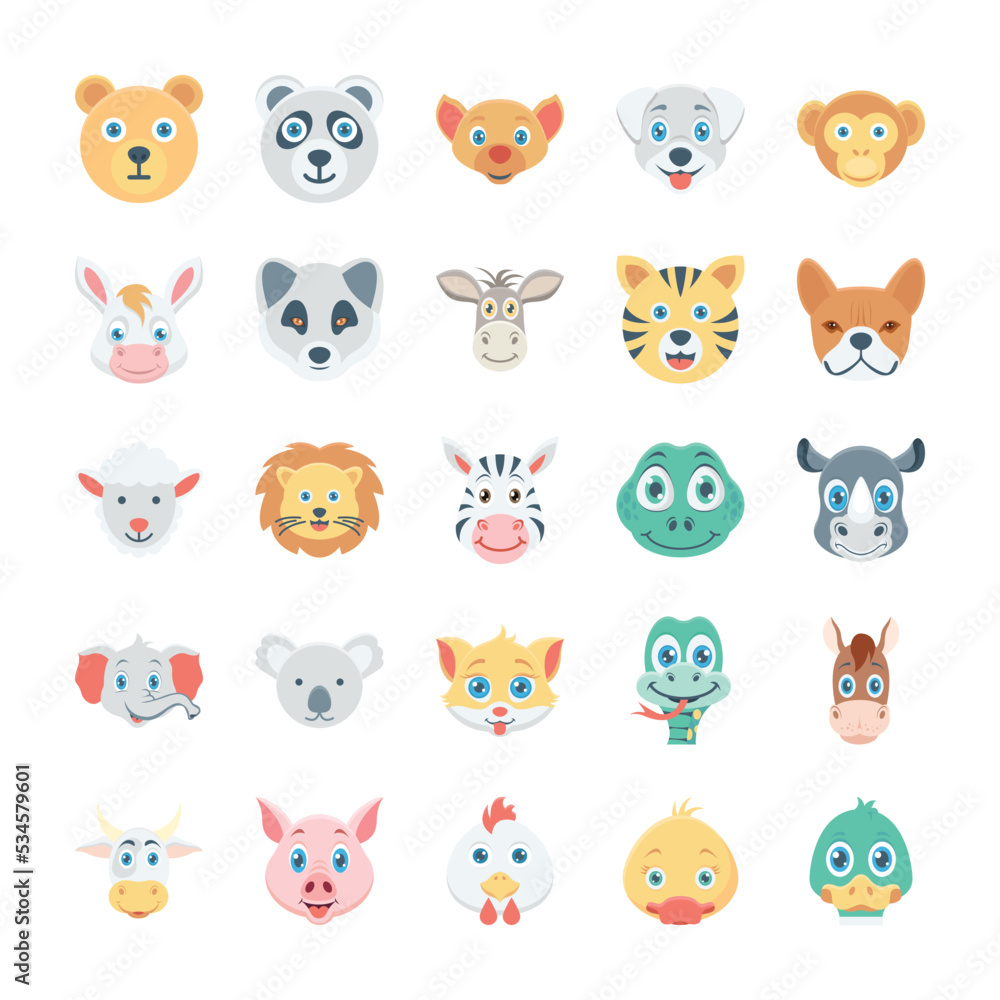 Birds and Animals Faces Colored Vector Icons 