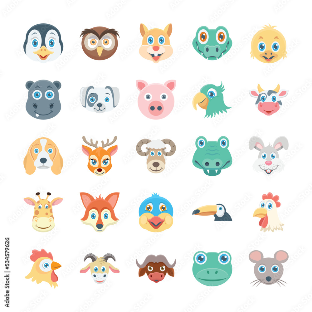 Fototapeta premium Birds and Animals Faces Colored Vector Icons