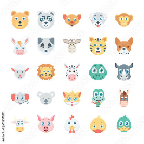 Birds and Animals Faces Colored Vector Icons 