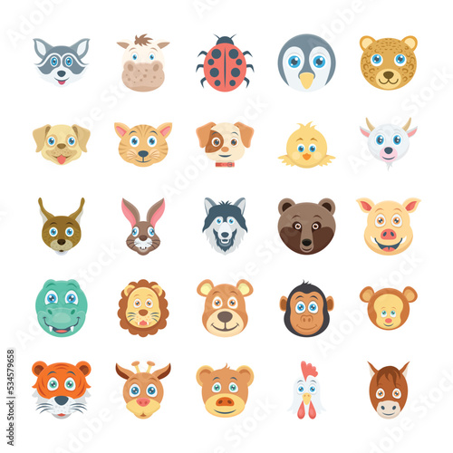 Birds and Animals Faces Colored Vector Icons