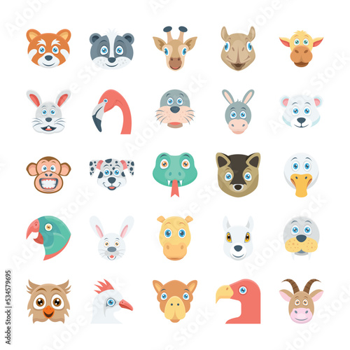 Birds and Animals Faces Colored Vector Icons 