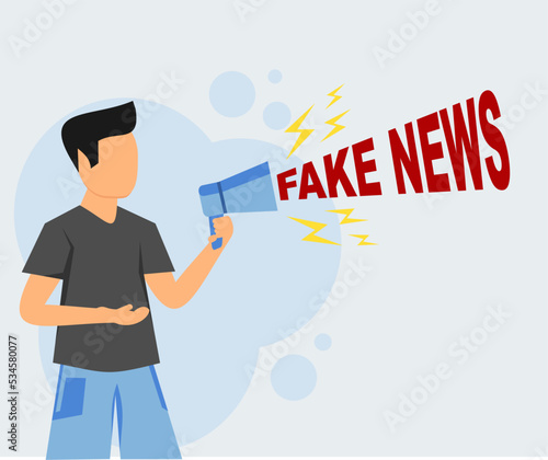 man with a mouthpiece, speaker, propaganda fake news, news column, journalist articles, bullhorn fake news, tabloid press, fake news spreading concept. Deception on the Internet and social networks