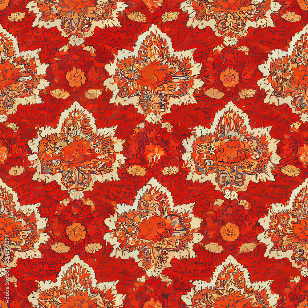 Orange and red floral seamless pattern with texture of Persian wool carpet. AI-generated, not based on any actual photo Orange and red floral seamless pattern with texture of Persian wool carpet. AI-generated, not based on any actual photo