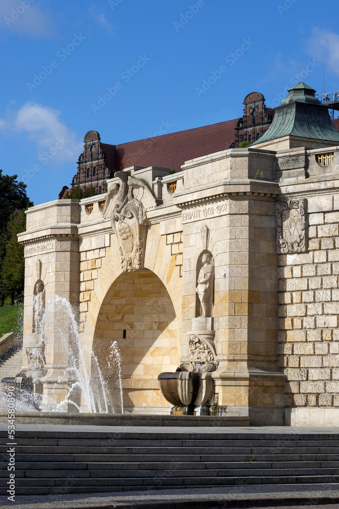 Fountain at Chrobry Embankment (Hakena Terrace), terrace along Odra River, Szczecin, Poland