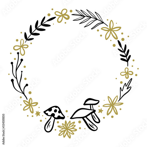 Floral frame or wreath mushroom, goblincore, witchcore, fairycore style aesthetic decor elements. Cartoon doodle text template in woodland forest style. Vector and jpg printable image, unique boho