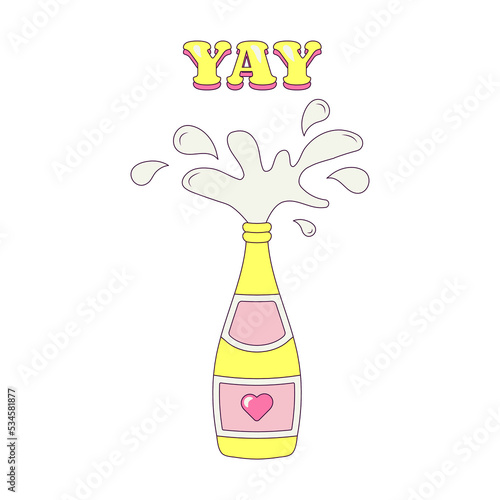 Champagne Splashes Festive Bottle with a Heart Bachelorette Party Illustration in Groovy Style Temporary Sticker or Badge