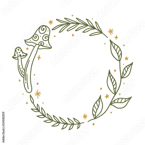 Floral frame or wreath mushroom, goblincore, witchcore, fairycore style aesthetic decor elements. Cartoon doodle text template in woodland forest style. Vector and jpg printable image, unique boho