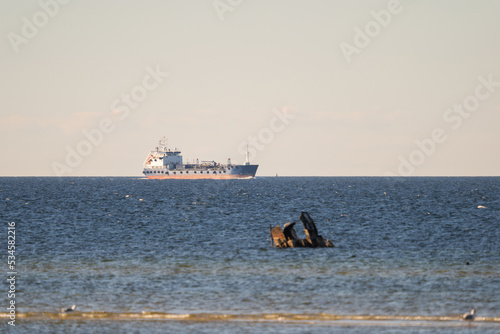 Oil tanker in the Baltic Sea on an autumn day.