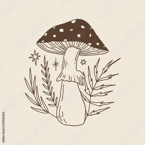 Witchcraft celestial fly agaric mushroom, goblincore, witchcore, fairycore style aesthetic, magical potion ingredients. Cartoon doodle style, woodland forest symbols. Vector and jpg printable image