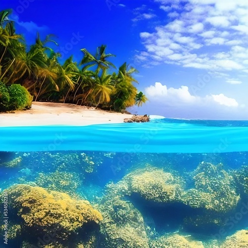 Tropical sea with fishes, blue sky, clean water