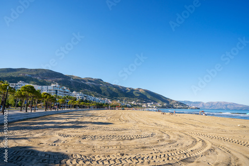 Soft blue ocean wave on clean sandy beach in Vlore  Albania