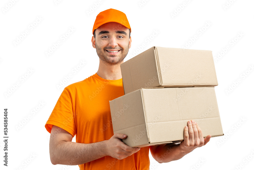 Delivery man with a box. Courier in uniform cap and t-shirt service fast delivering orders. Young guy holding a cardboard package. Character on isolated white background for mockup design Delivery man with a box. Courier in uniform cap and t-shirt service fast delivering orders. Young guy holding a cardboard package. Character on isolated white background for mockup design