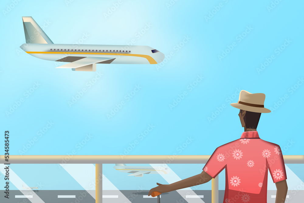 Concept Illustration Travel 3D. A young man wearing a red short-sleeved shirt. standing looking at the plane that are flying out of the airport. Tourism and leisure travel. travel abroad Concept Illustration Travel 3D. A young man wearing a red short-sleeved shirt. standing looking at the plane that are flying out of the airport. Tourism and leisure travel. travel abroad
