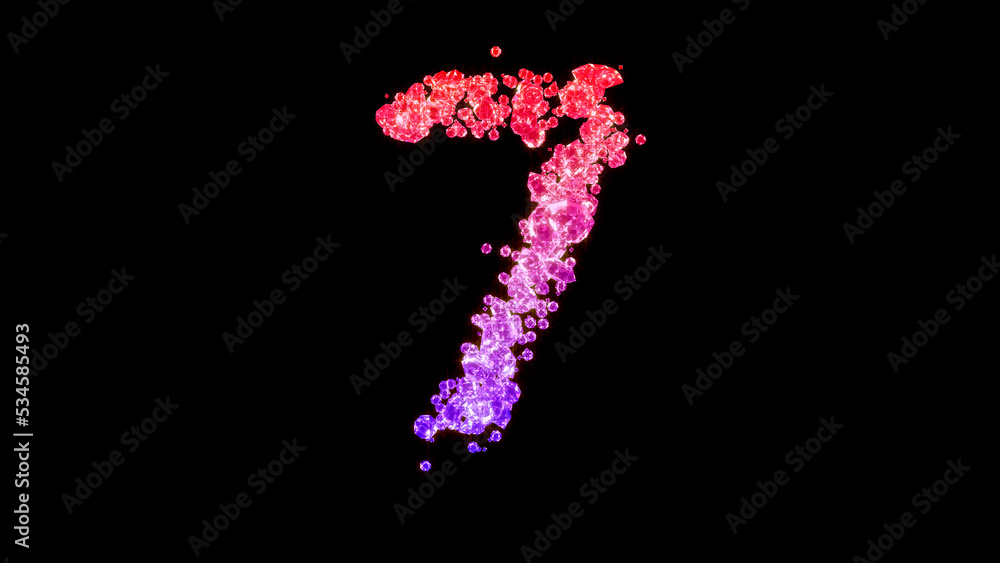 fancy lux gemstones font, red and purple number 7, isolated - object 3D rendering