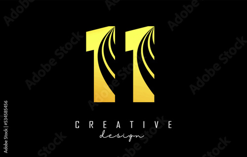 Golden Creative number 11 1 logo with leading lines and road concept design. Number with geometric design.