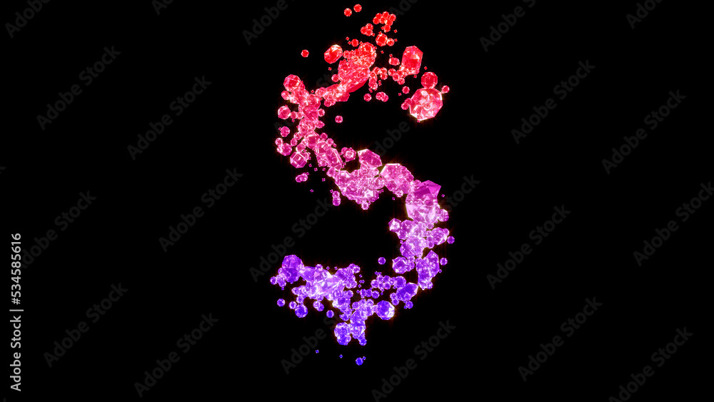 fancy fashion diamonds alphabet, red and purple dollar - peso sign, isolated - object 3D rendering
