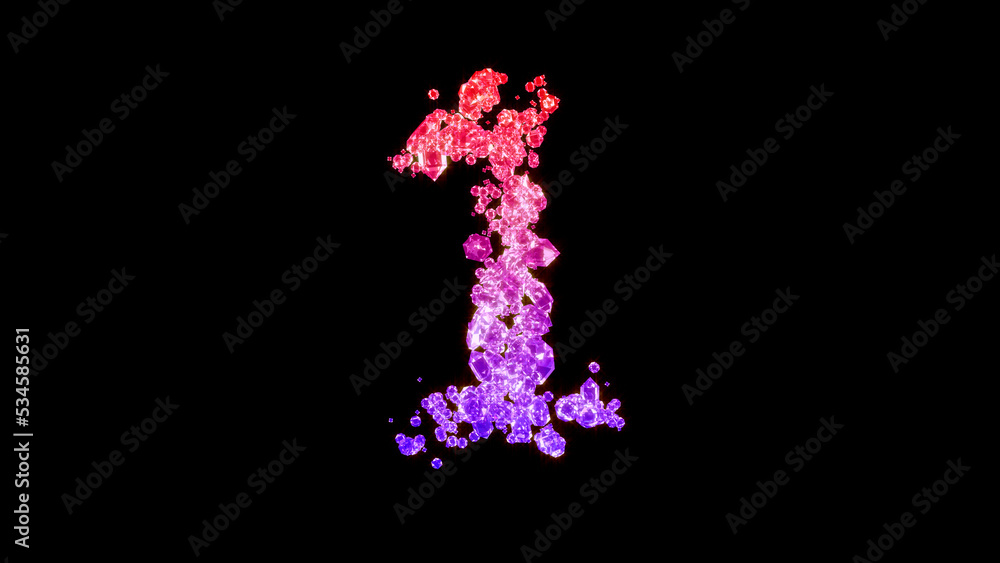 fancy fashion gemstones alphabet, red and pink number 1, isolated - object 3D rendering