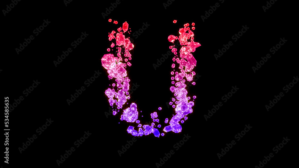 fancy fashion gem stones font, red and rose letter U, isolated - object 3D illustration