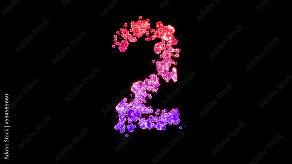 fancy fashion diamonds alphabet, red and pink number 2, isolated - object 3D rendering