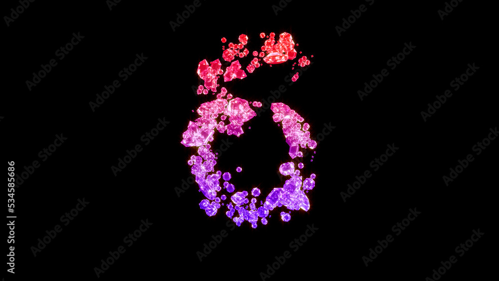 fancy luxury brilliants alphabet, red and pink number 6, isolated - object 3D rendering