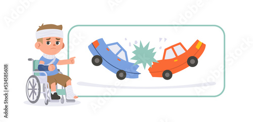 A man injured from the car crash accident, head, neck and arm was broken in a wheelchair and treatment. illustration vector cartoon character design on white background. Medical concept.
