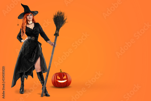 Fotografie, Tablou Halloween Witch with broomstick