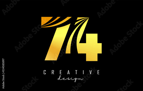 Golden Creative number 74 7 4 logo with leading lines and road concept design. Letter with geometric design. Vector Illustration with number and creative cuts. photo