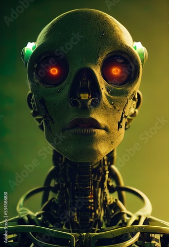 Creepy hafl cybernetic and rotten meat zombie portrait character.. The concept of a nightmarish zombie from the hellscape. Ugly covered with slime skeleton. Exposed skull and bones. 3d Illustration photo