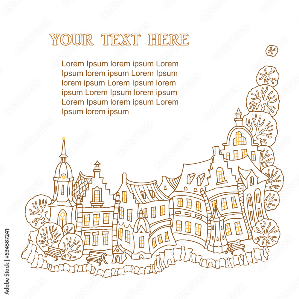 Vector Vignette of fantasy urban landscape with small medieval European buildings. Fairy tale old town street, houses