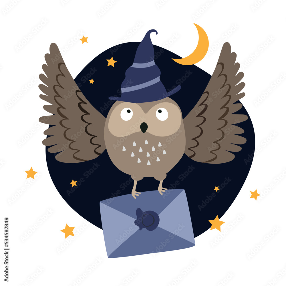 Obraz premium Funny owl in a magic hat fly with a letter. Owl post. Helloween scene. Vector hand drawn illustration.