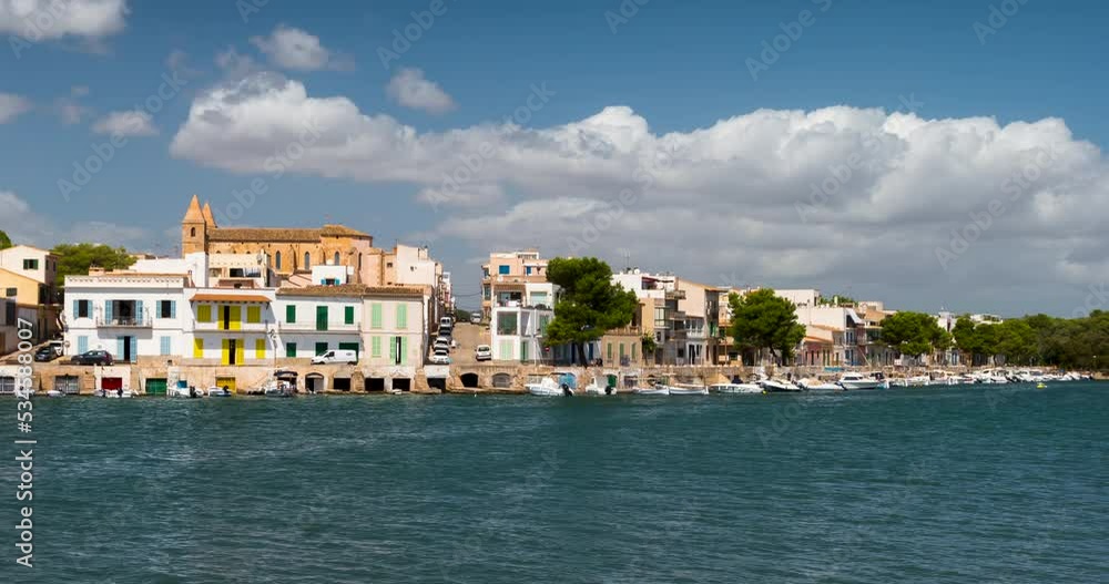 Panoramic view of PORTO COLOM in the island of MAJORCA (MALLORCA in Spanish), a small and quiet village, with the movement of the clouds and small pleasure boats on a sunny day. Time Lapse Panoramic view of PORTO COLOM in the island of MAJORCA (MALLORCA in Spanish), a small and quiet village, with the movement of the clouds and small pleasure boats on a sunny day. Time Lapse