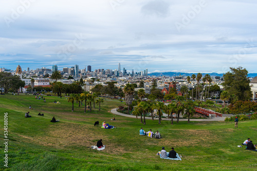 Photography Mission Dolores Park with San Francisco Skyline