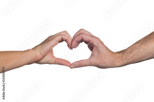 Isolated man and woman combining hands to create a heart shape gesture