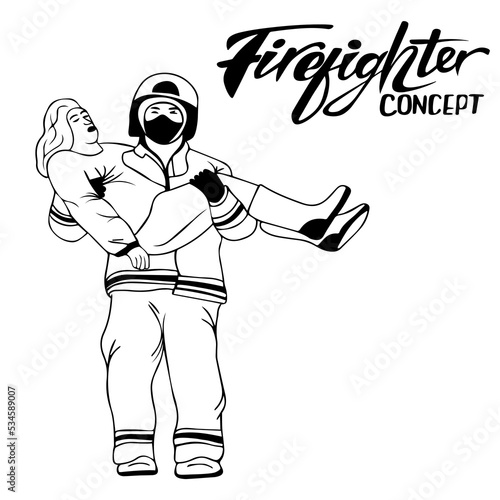 firefighter, rescuer carries grandmother, an unconscious woman in his arms, rescuing person from disaster, trouble, an emergency. Dangerous work. stressful situation, threat to life. doodle style