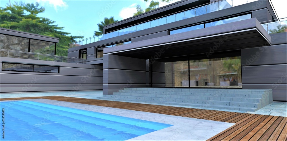 Obraz premium An elegant private villa with a swimming pool in the suburbs of the capital Bali. Spacious yard. Porch with designer canopy. Metal finishing of a facade. 3d render.